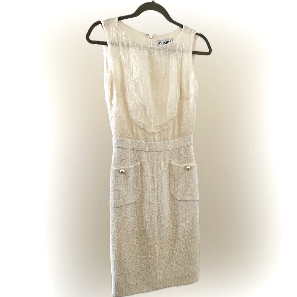 Chanel Ivory Tweed and Crinkle Crepe Dress Fits XS/ 36 - Picture 4 of 10